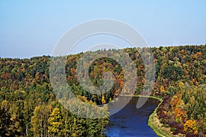 Bend of the Gauja River among the forest in Sigulda in autumn. Latvia