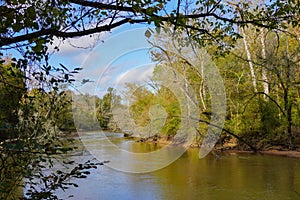 A bend in the Neuse River off of the greenway surrounded by green trees under a blue sky in autumn