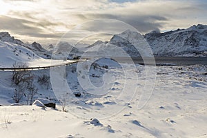 A bend in the Norwegian section of the E10 named Kong Olav Vs vei. The road curves through the beautiful scenery of the Lofoten i