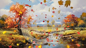 A bend in a river framed by trees ablaze with red, orange, and yellow autumn leaves. Seamless looping video animated virtual