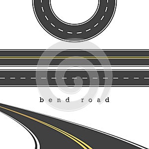 Bend Road, Straight and Curved Roads Vector Set, Road Junction. Vector Illustration. White and Yellow Road Marking