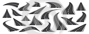 Bending asphalt roads and highways. Roadway, winding road with white markings icon set. Travel, transportation concept
