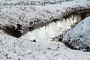 The bending Molenbeek creek through the snowy meadows in Jette, Belgium