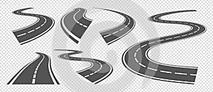 Bending roads. Driving asphalt strip road, curve highway or turn pathway. Vector set grey streets perspective