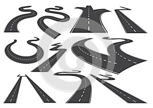 Bending roads, high ways or roadways. Collection of winding road design elements with white markings. Asphalt road photo