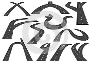 Bending roads, high ways or roadways. Collection of winding road design elements with white markings. Asphalt road