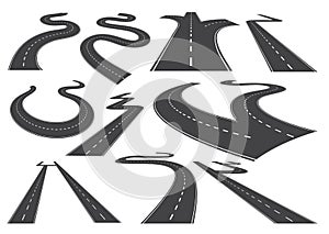 Bending roads, high ways or roadways. Collection of winding road design elements with white markings. Asphalt road