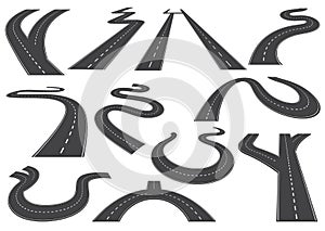 Bending roads, high ways or roadways. Collection of winding road design elements with white markings. Asphalt road