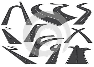 Bending roads, high ways or roadways. Collection of winding road design elements with white markings. Asphalt road