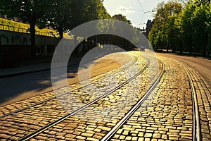 Bending tram rails on the pavement of the street