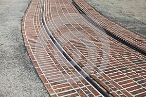 Bending tram rails on the street a sunny summer