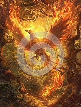 Beneath the ancient oaks of a Celtic grove a Phoenix rebirths in flames