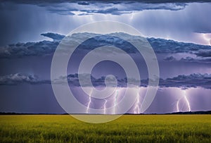 Beneath the expansive sky, a dramatic lightning storm rages over the countryside, its electrifying display of flashing photo