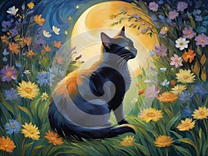 Beneath the gentle glow of crescent moon, adorable cat with tranquil demeanor rests peacefully in a garden, painting