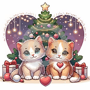 Beneath the sparkling branches of a New Year\'s (Christmas) tree, two cats find comfort