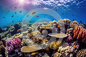 Beneath the Surface: A Dreamy Underwater View of a Colorful Coral Reef