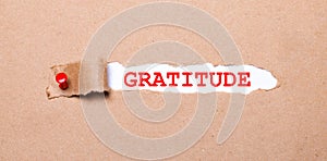 Beneath the torn strip of kraft paper attached with a red button is a white paper GRATITUDE