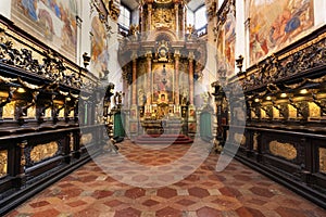 The Benedictine monastery with  the church of St Adalbert from 14th century. Beautiful baroque Catholic church interior in Broumov