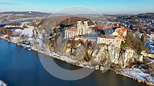 Benedictine monastery in Tyniec near Krakow, Poland, and Vistula River in winter