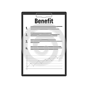 Benefit concept. Man holds a clipboard and writes. Pen in hand. Template for text