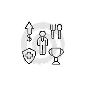 Benefit cup dollar shield icon. Element of business motivation line icon