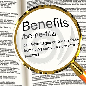 Benefits Definition Magnifier Showing Bonus Perks Or Rewards