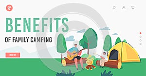 Benefits of Family Camping Landing Page Template. Kids Characters Roast Marshmallow on Fire and Playing Guitar