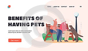 Benefits of Having Pet Landing Page Template. Elderly Couple Characters Spending Time With Dog at Park, Seniors on Bench