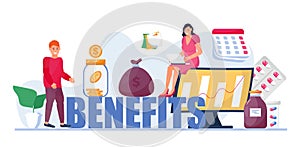 Benefits for worker, buyer. Employee, teamwork benefits package vector for web, UI, banner, social net story.