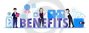 Benefits for worker, buyer. Employee, teamwork benefits package vector for web, UI, banner, social net story