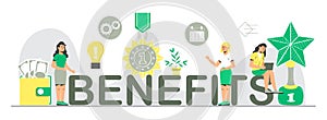 Benefits for worker, buyer. Employee, teamwork benefits package vector for web, UI, banner, social net story.