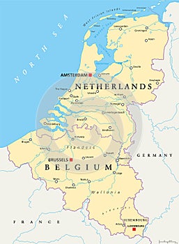 Benelux. Belgium, Netherlands and Luxembourg, political map