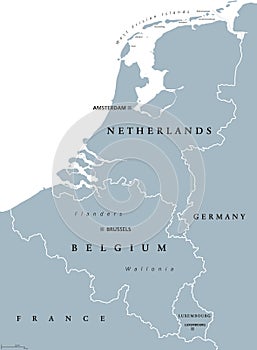 Benelux countries, gray political map