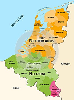 Vector regions map of Benelux countries: Belgium, Netherlands and Luxembourg, with neighbouring countries and territories photo