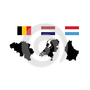 Benelux map and flags - three states in western Europe: Belgium, the Netherlands, and Luxembourg