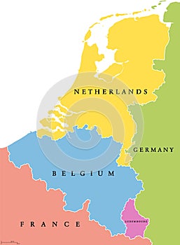 Benelux, Belgium, Netherlands and Luxembourg, single states, political map