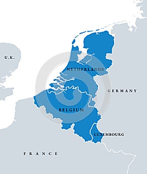 Benelux Union countries, Belgium, Netherlands, and Luxembourg, political map