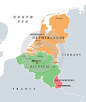 Benelux Union member states, Belgium, Netherlands, Luxembourg, political map