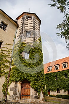 Benesov nad Ploucnici, North Bohemia, Czech Republic, 26 June 2021: old saxoxy renaissance castle at summer sunny day, stone