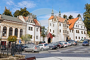 Benesov nad Ploucnici, North Bohemia, Czech Republic, 2 October 2021: main town square, old saxoxy renaissance Morzinov Castle at