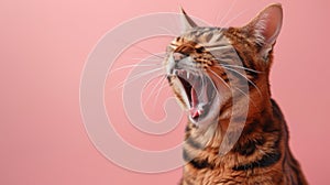 Bengal, angry cat baring its teeth, studio lighting pastel background