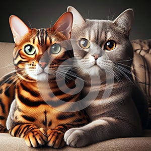 Bengal cat and British cat together as best friends