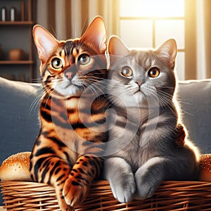 Bengal cat and British cat together as best friends