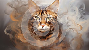 The Bengal cat in a cloud of white smoke, its wild allure and strikingly beautiful coat pattern