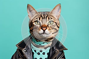 Bengal Cat Dressed As A Cowboy On Mint Color Background