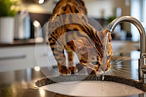 Bengal cat drinks water from the tap.