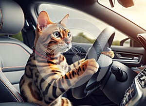 Bengal cat driving a modern car