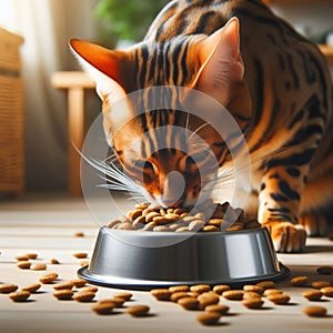 Bengal cat eating dry food indoor