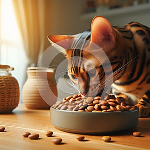 Bengal cat eating dry food indoor