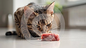 A Bengal cat pawing at a chunk of raw beef on a clean, light-colored surface, showcasing its natural predatory instincts photo